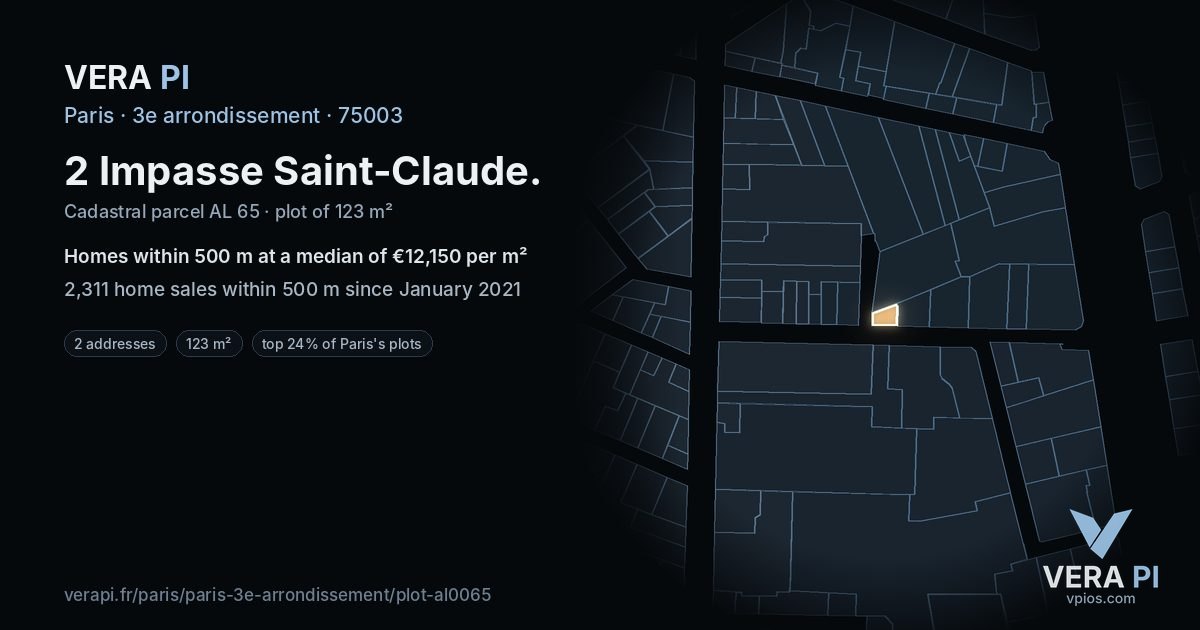 2 Impasse Saint-Claude, 3e arrondissement at night – the plot lit, the parcels around coloured by the prices near them