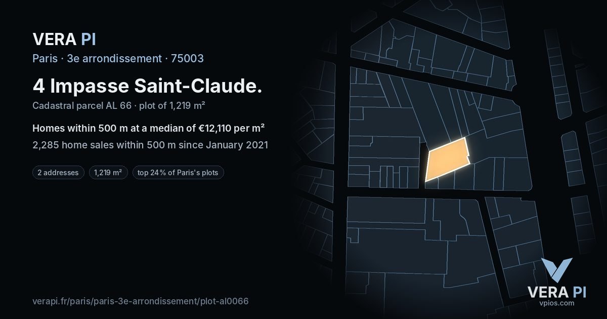 4 Impasse Saint-Claude, 3e arrondissement at night – the plot lit, the parcels around coloured by the prices near them