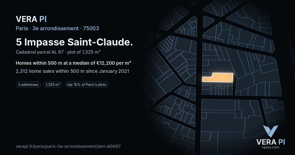 5 Impasse Saint-Claude, 3e arrondissement at night – the plot lit, the parcels around coloured by the prices near them
