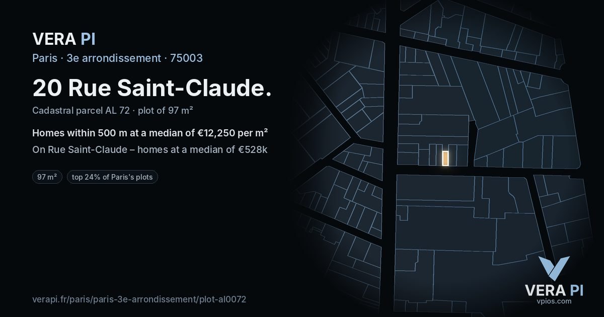 20 Rue Saint-Claude, 3e arrondissement at night – the plot lit, the parcels around coloured by the prices near them