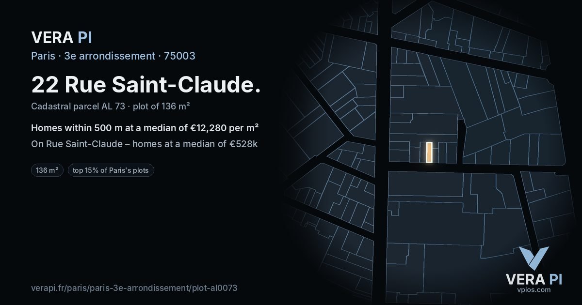 22 Rue Saint-Claude, 3e arrondissement at night – the plot lit, the parcels around coloured by the prices near them
