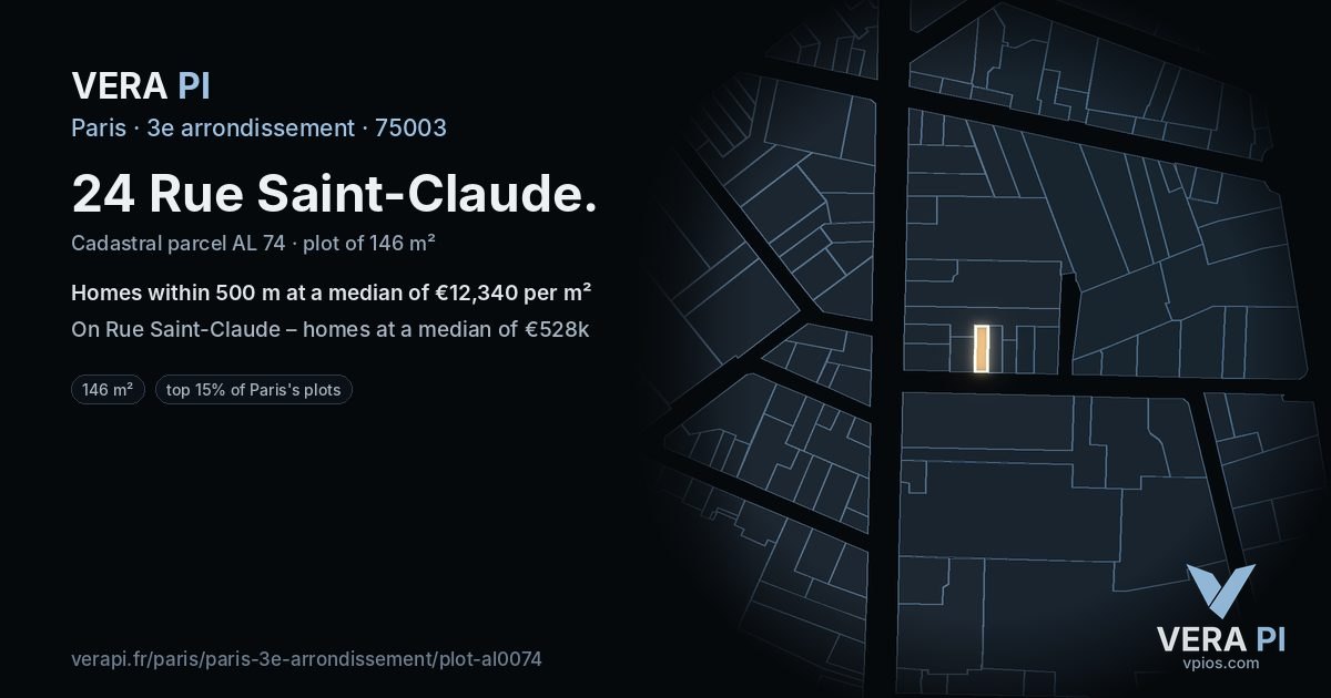 24 Rue Saint-Claude, 3e arrondissement at night – the plot lit, the parcels around coloured by the prices near them