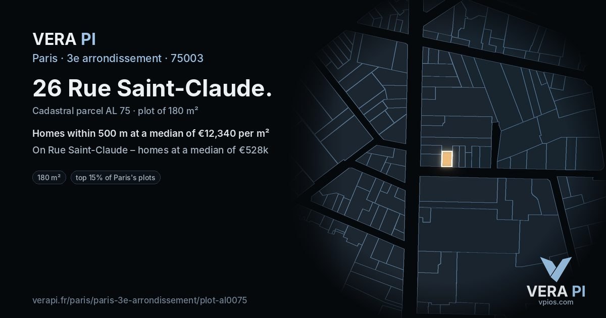 26 Rue Saint-Claude, 3e arrondissement at night – the plot lit, the parcels around coloured by the prices near them