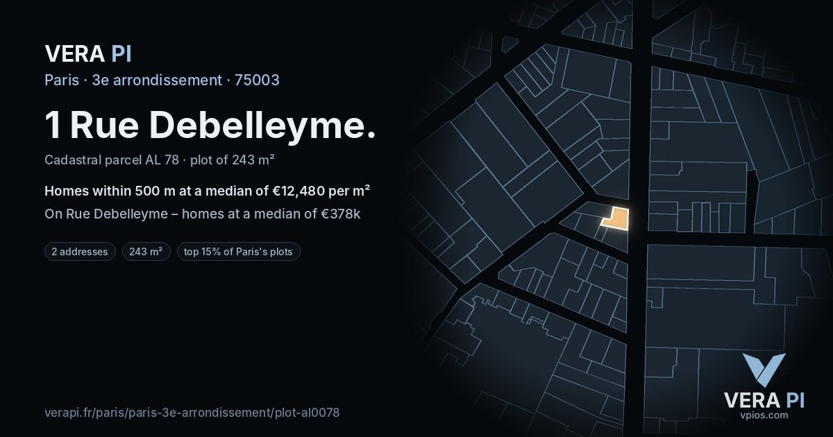 1 Rue Debelleyme, 3e arrondissement at night – the plot lit, the parcels around coloured by the prices near them