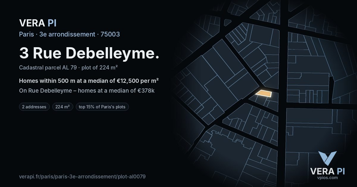 3 Rue Debelleyme, 3e arrondissement at night – the plot lit, the parcels around coloured by the prices near them