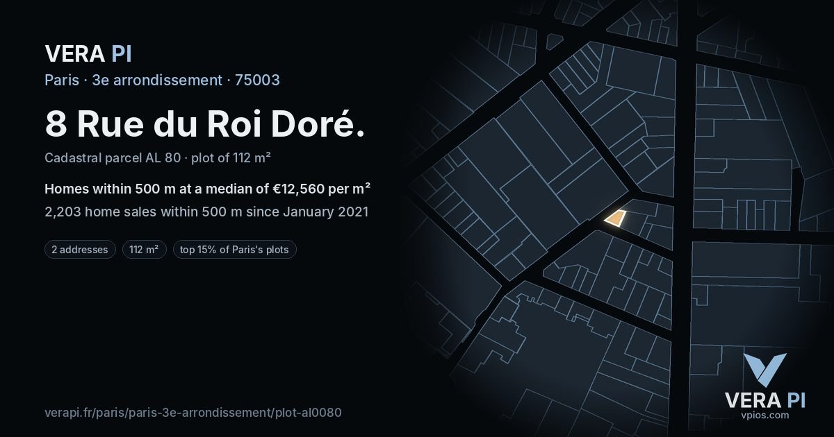 8 Rue du Roi Doré, 3e arrondissement at night – the plot lit, the parcels around coloured by the prices near them