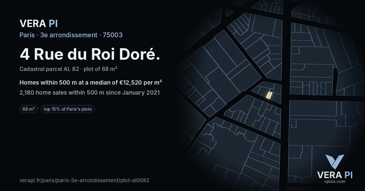 4 Rue du Roi Doré, 3e arrondissement at night – the plot lit, the parcels around coloured by the prices near them