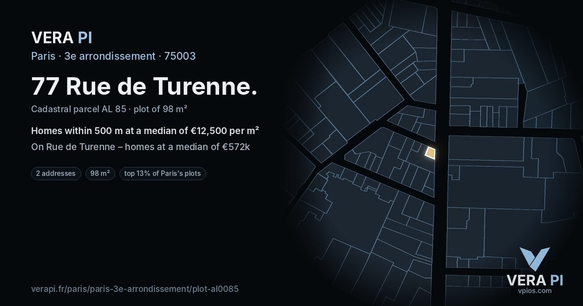 77 Rue de Turenne, 3e arrondissement at night – the plot lit, the parcels around coloured by the prices near them