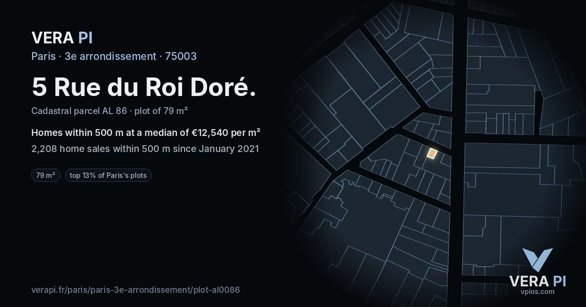 5 Rue du Roi Doré, 3e arrondissement at night – the plot lit, the parcels around coloured by the prices near them