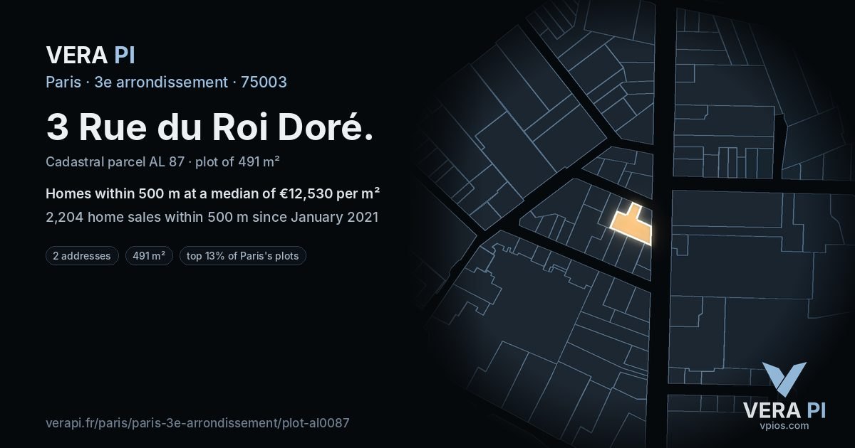 3 Rue du Roi Doré, 3e arrondissement at night – the plot lit, the parcels around coloured by the prices near them