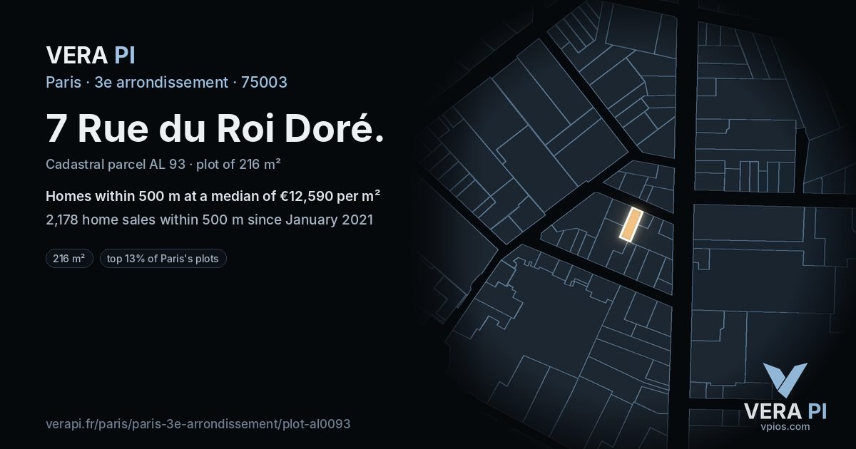7 Rue du Roi Doré, 3e arrondissement at night – the plot lit, the parcels around coloured by the prices near them