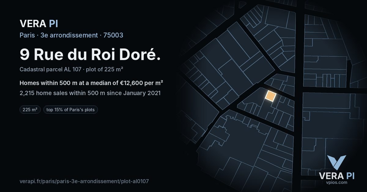 9 Rue du Roi Doré, 3e arrondissement at night – the plot lit, the parcels around coloured by the prices near them