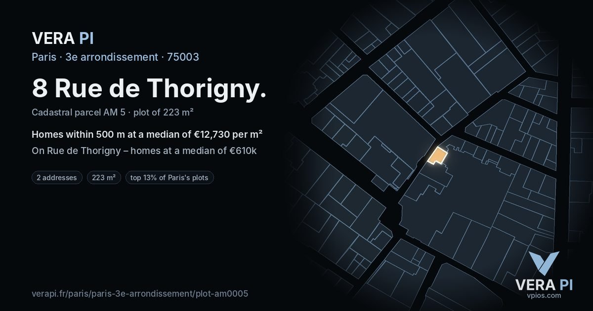 8 Rue de Thorigny, 3e arrondissement at night – the plot lit, the parcels around coloured by the prices near them