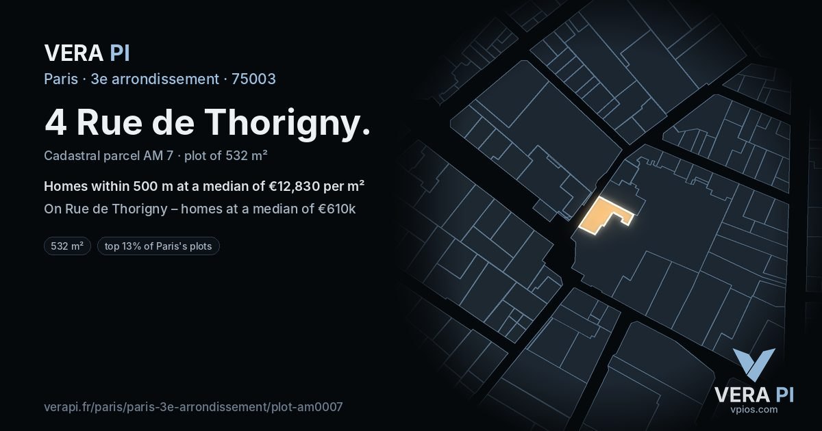 4 Rue de Thorigny, 3e arrondissement at night – the plot lit, the parcels around coloured by the prices near them