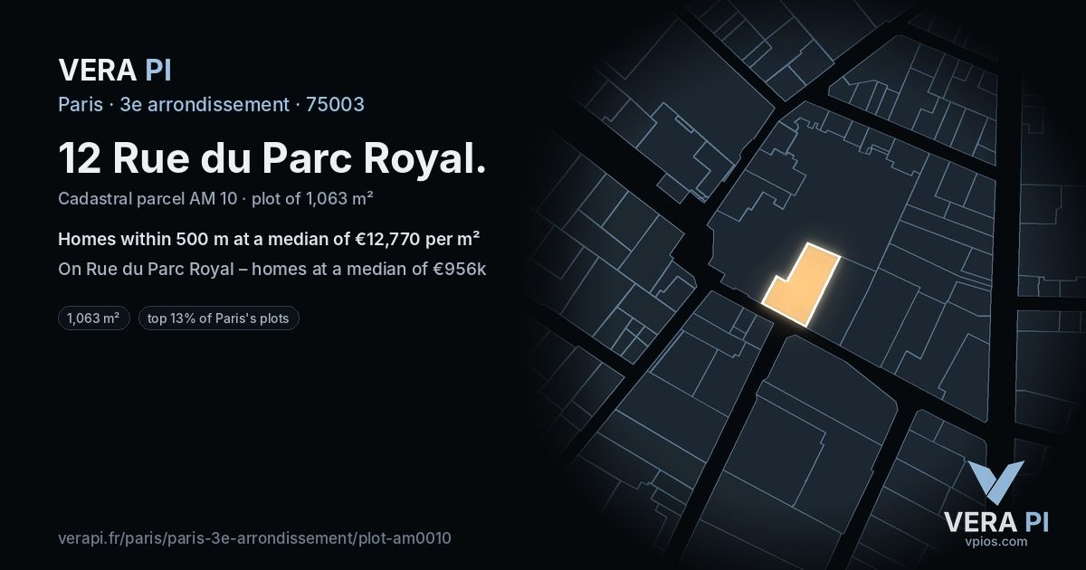12 Rue du Parc Royal, 3e arrondissement at night – the plot lit, the parcels around coloured by the prices near them