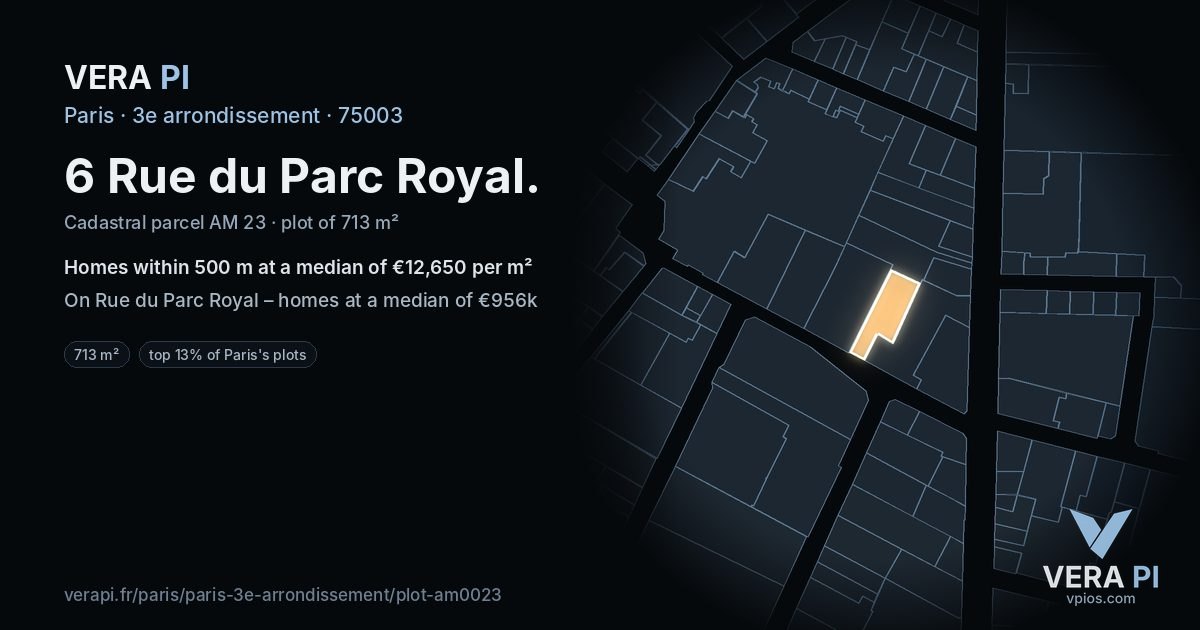 6 Rue du Parc Royal, 3e arrondissement at night – the plot lit, the parcels around coloured by the prices near them