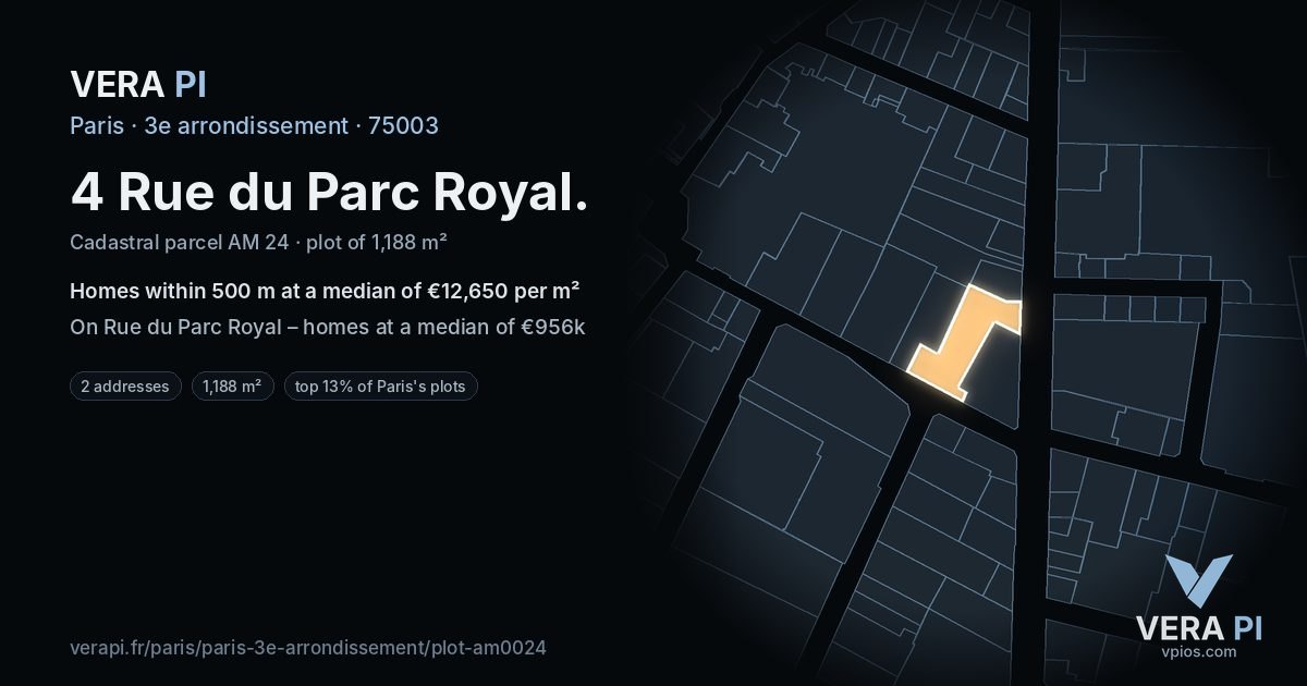 4 Rue du Parc Royal, 3e arrondissement at night – the plot lit, the parcels around coloured by the prices near them