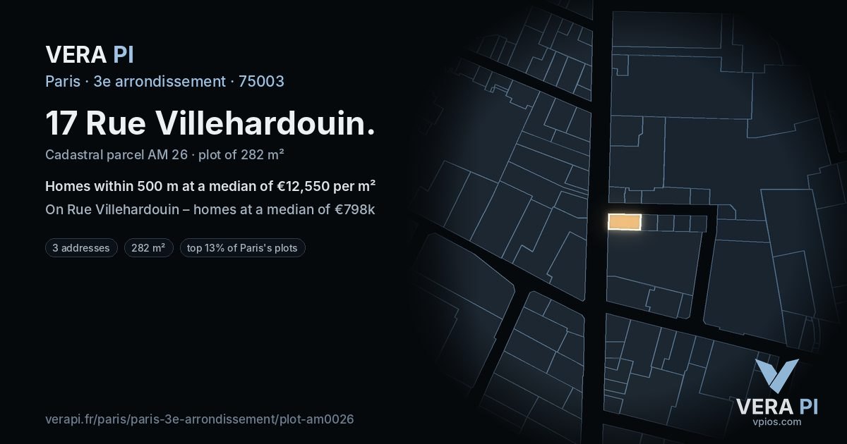 17 Rue Villehardouin, 3e arrondissement at night – the plot lit, the parcels around coloured by the prices near them