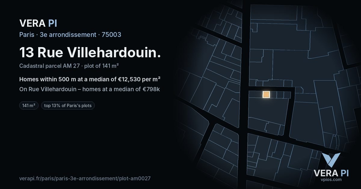13 Rue Villehardouin, 3e arrondissement at night – the plot lit, the parcels around coloured by the prices near them