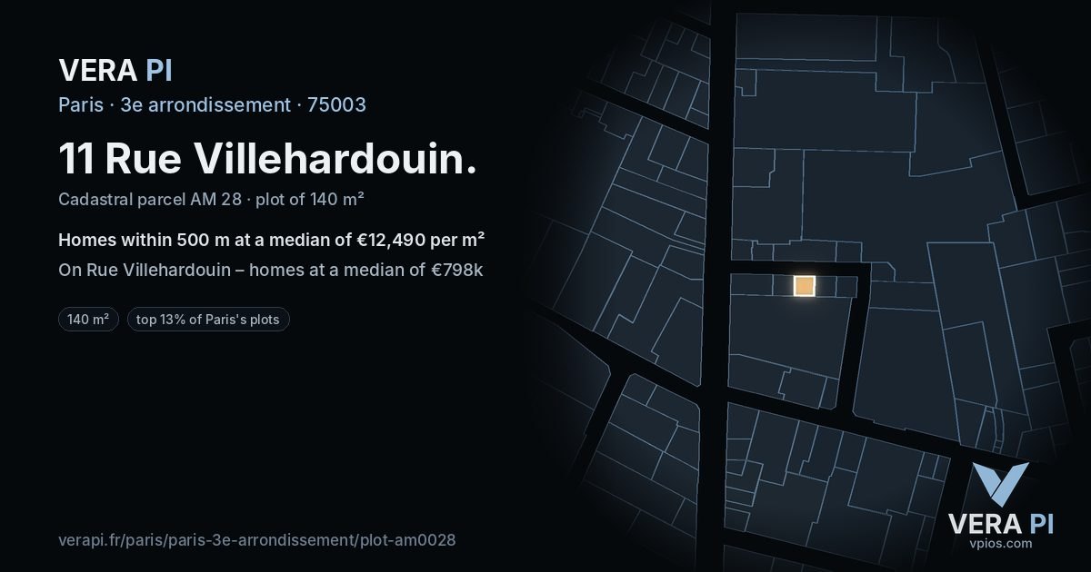 11 Rue Villehardouin, 3e arrondissement at night – the plot lit, the parcels around coloured by the prices near them