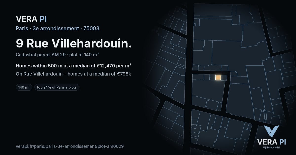 9 Rue Villehardouin, 3e arrondissement at night – the plot lit, the parcels around coloured by the prices near them