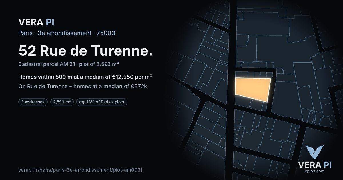 52 Rue de Turenne, 3e arrondissement at night – the plot lit, the parcels around coloured by the prices near them