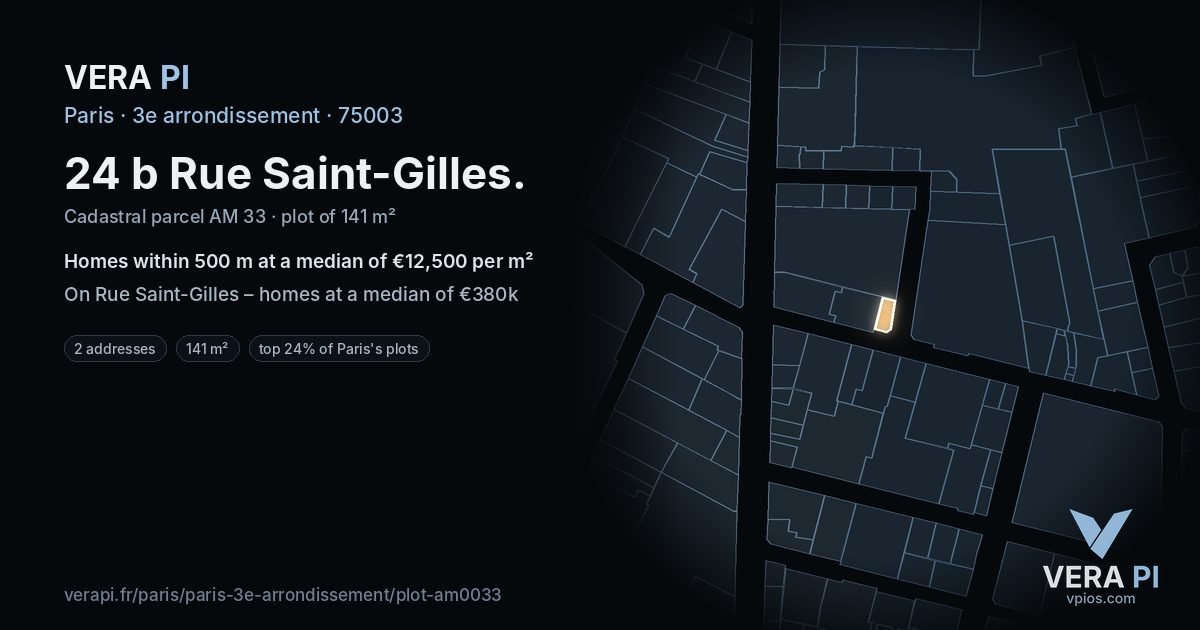 24 b Rue Saint-Gilles, 3e arrondissement at night – the plot lit, the parcels around coloured by the prices near them
