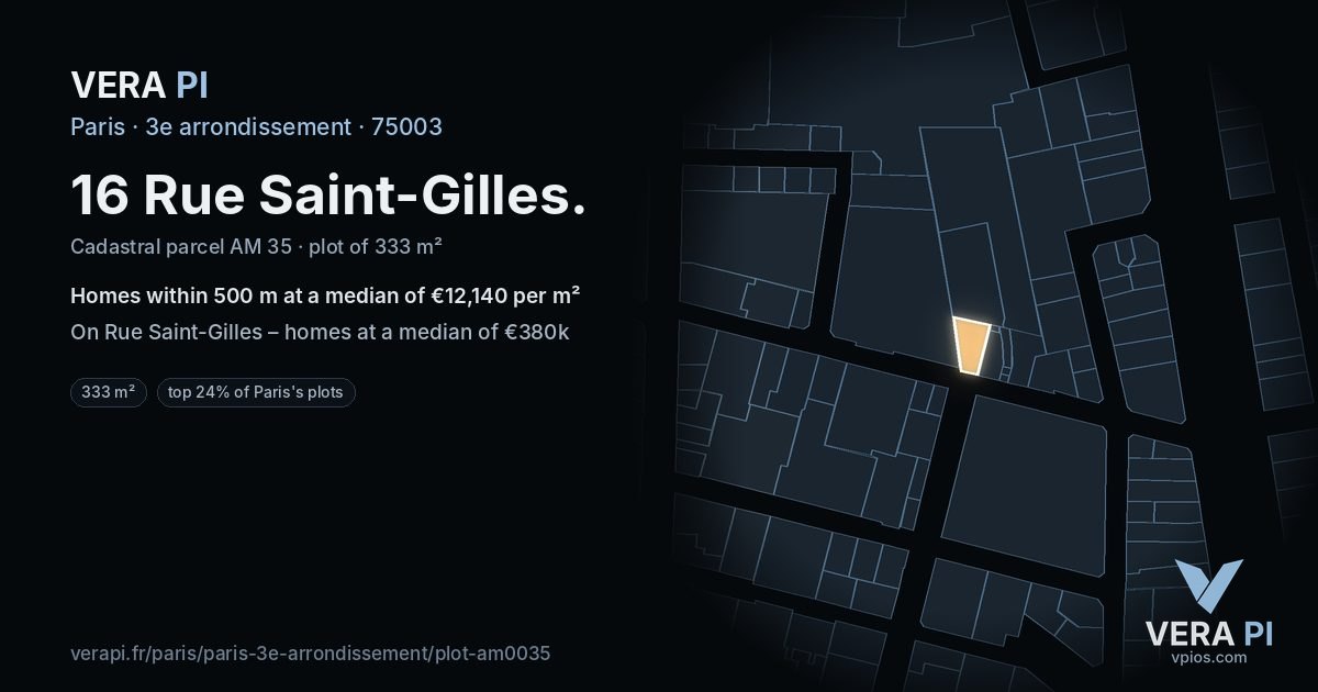 16 Rue Saint-Gilles, 3e arrondissement at night – the plot lit, the parcels around coloured by the prices near them