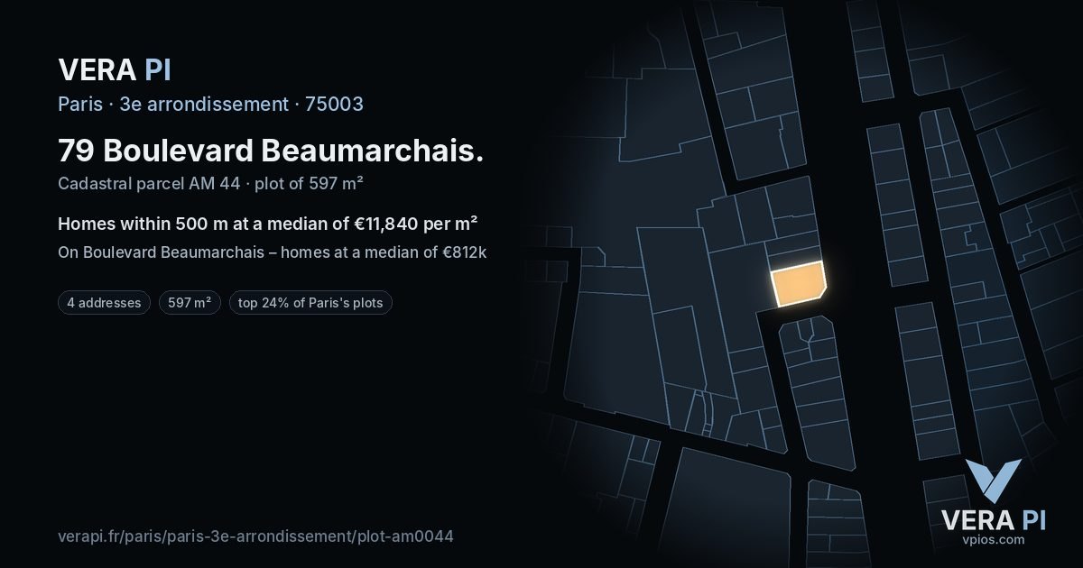 79 Boulevard Beaumarchais, 3e arrondissement at night – the plot lit, the parcels around coloured by the prices near them