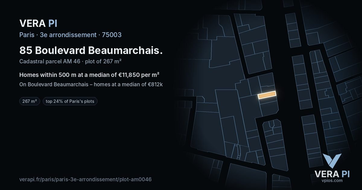 85 Boulevard Beaumarchais, 3e arrondissement at night – the plot lit, the parcels around coloured by the prices near them