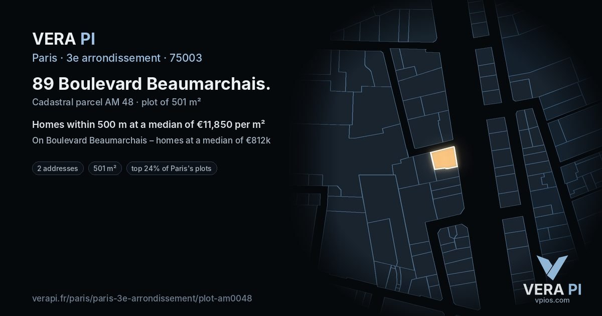 89 Boulevard Beaumarchais, 3e arrondissement at night – the plot lit, the parcels around coloured by the prices near them