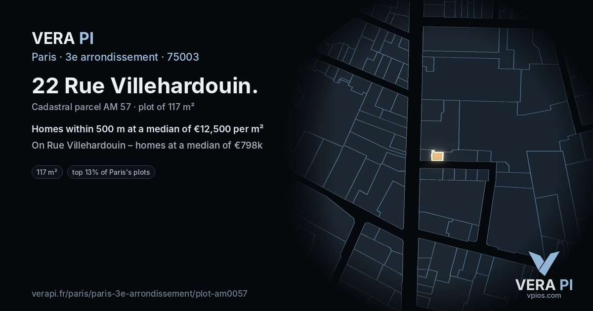 22 Rue Villehardouin, 3e arrondissement at night – the plot lit, the parcels around coloured by the prices near them