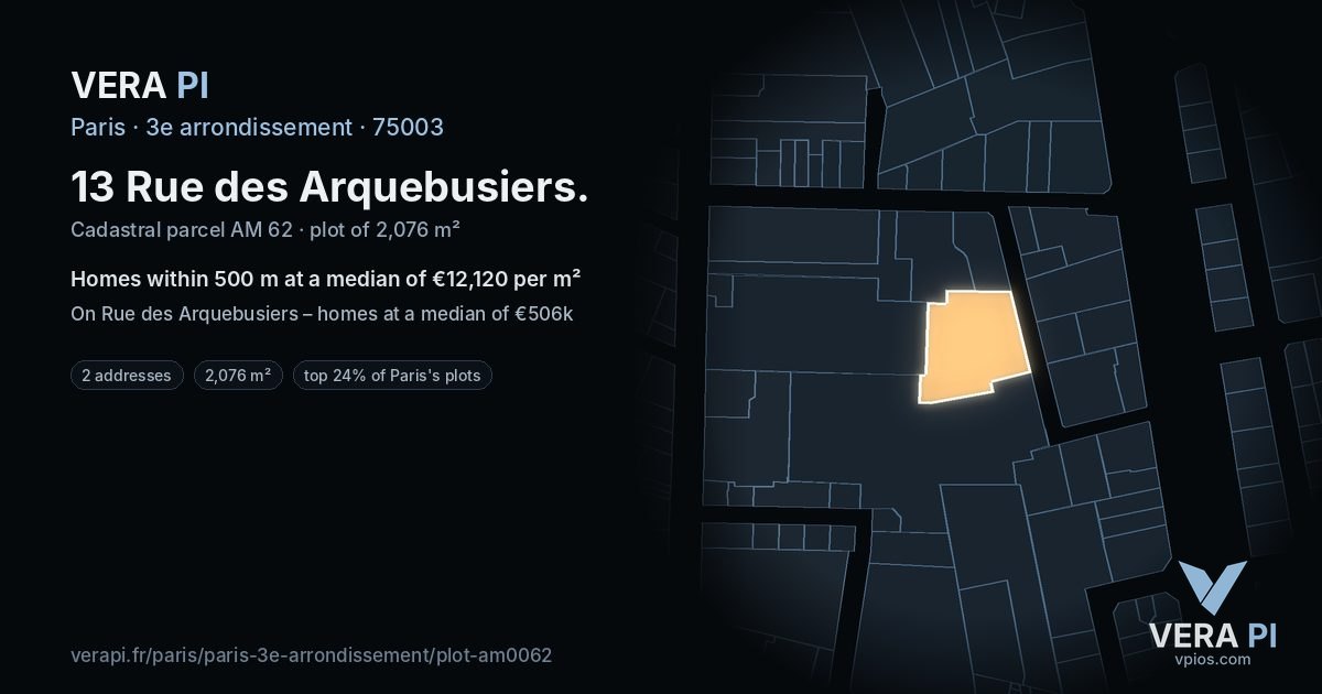 13 Rue des Arquebusiers, 3e arrondissement at night – the plot lit, the parcels around coloured by the prices near them