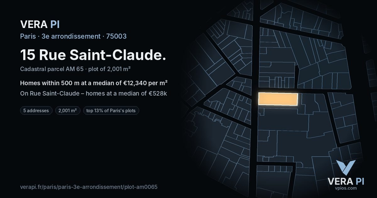 15 Rue Saint-Claude, 3e arrondissement at night – the plot lit, the parcels around coloured by the prices near them