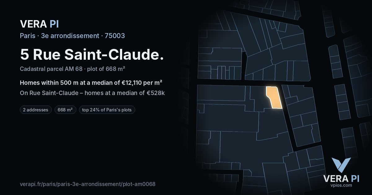 5 Rue Saint-Claude, 3e arrondissement at night – the plot lit, the parcels around coloured by the prices near them