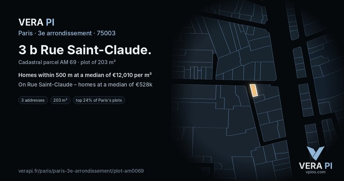 3 b Rue Saint-Claude, 3e arrondissement at night – the plot lit, the parcels around coloured by the prices near them