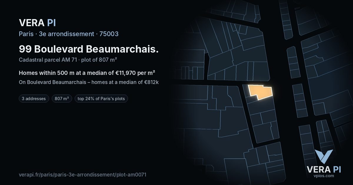 99 Boulevard Beaumarchais, 3e arrondissement at night – the plot lit, the parcels around coloured by the prices near them