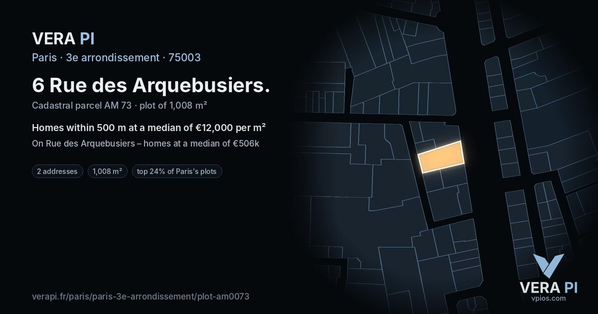 6 Rue des Arquebusiers, 3e arrondissement at night – the plot lit, the parcels around coloured by the prices near them