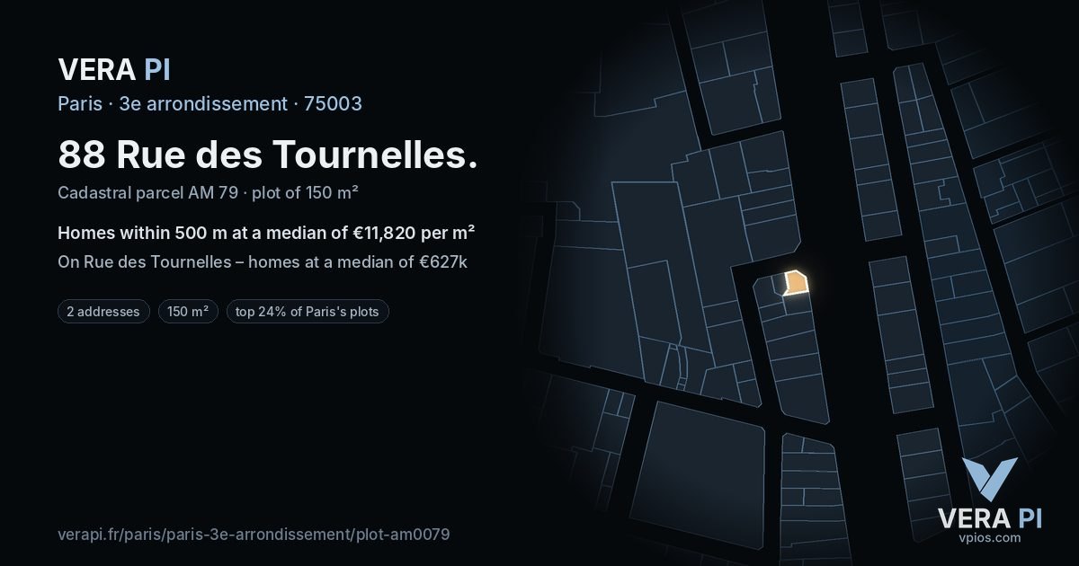 88 Rue des Tournelles, 3e arrondissement at night – the plot lit, the parcels around coloured by the prices near them