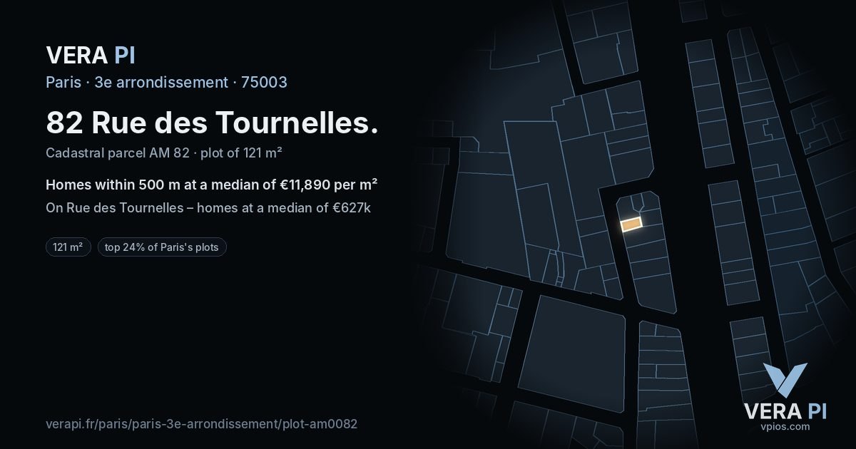 82 Rue des Tournelles, 3e arrondissement at night – the plot lit, the parcels around coloured by the prices near them