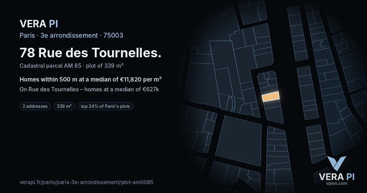 78 Rue des Tournelles, 3e arrondissement at night – the plot lit, the parcels around coloured by the prices near them