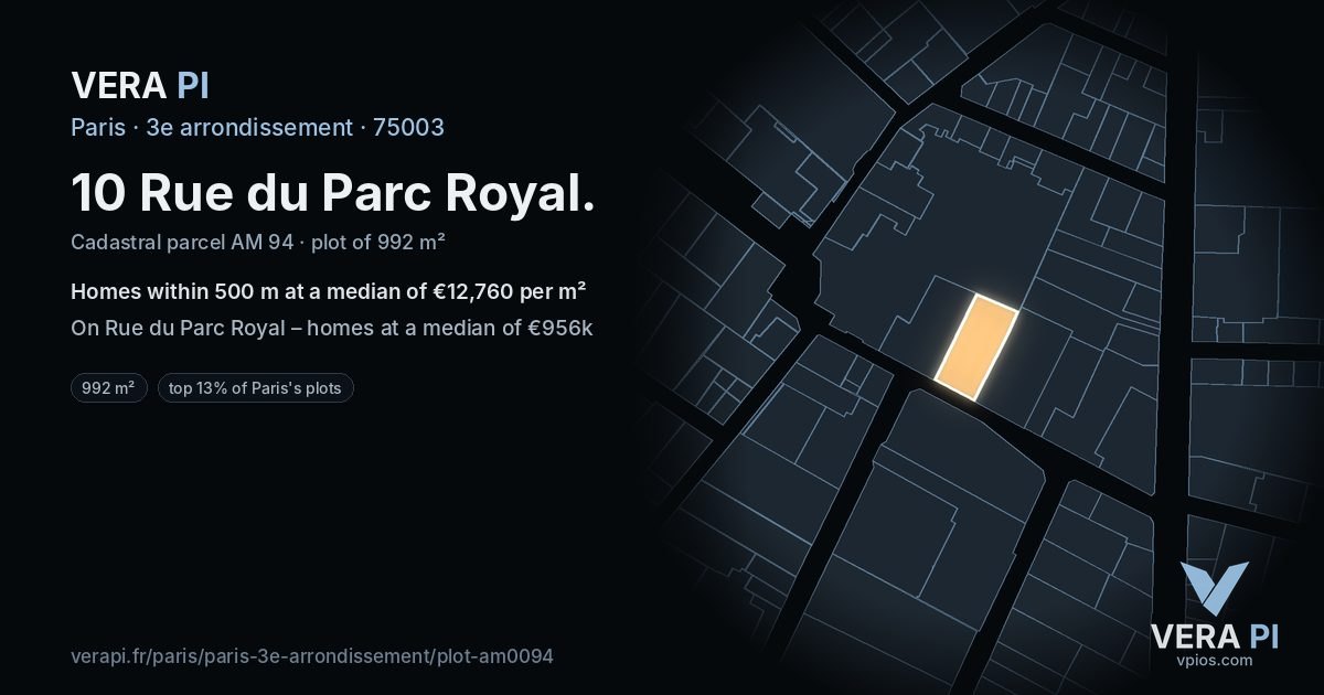 10 Rue du Parc Royal, 3e arrondissement at night – the plot lit, the parcels around coloured by the prices near them
