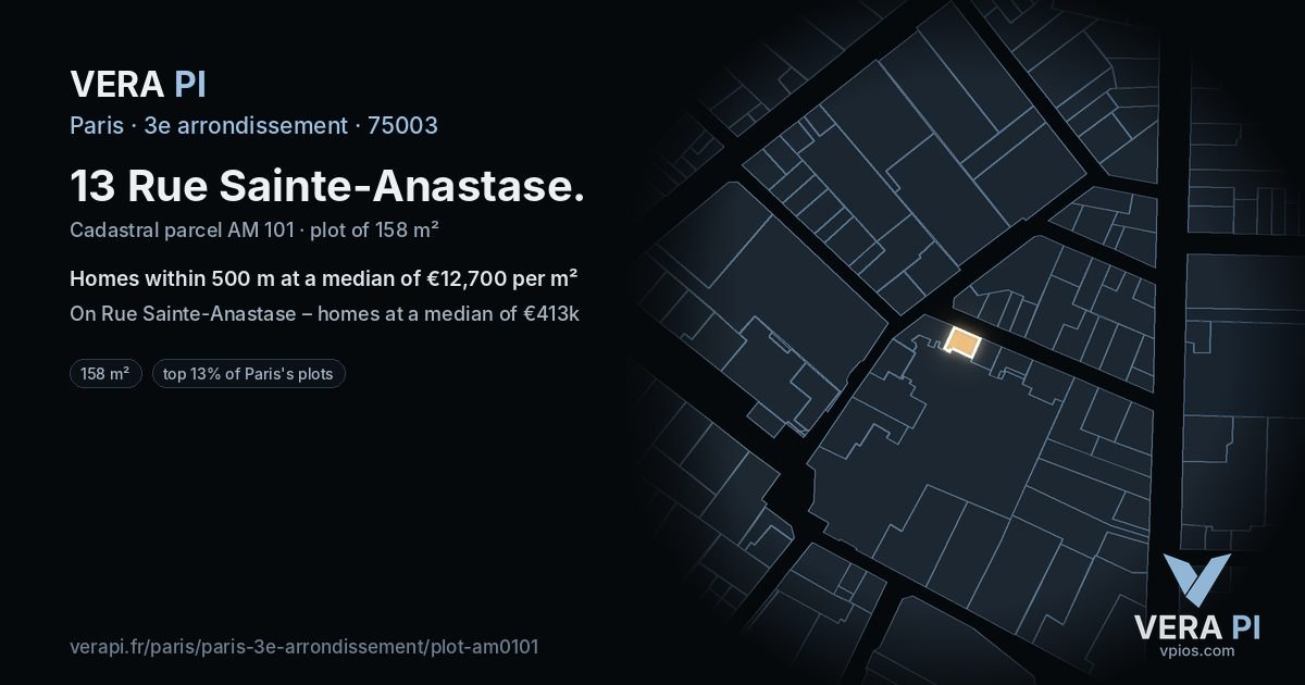 13 Rue Sainte-Anastase, 3e arrondissement at night – the plot lit, the parcels around coloured by the prices near them