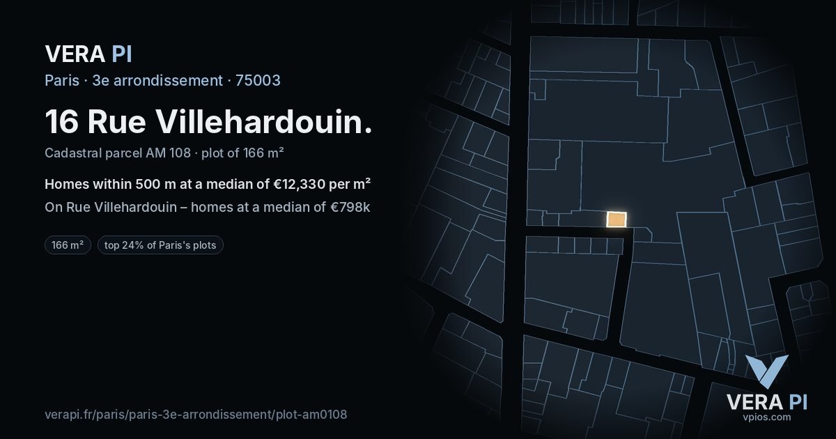 16 Rue Villehardouin, 3e arrondissement at night – the plot lit, the parcels around coloured by the prices near them