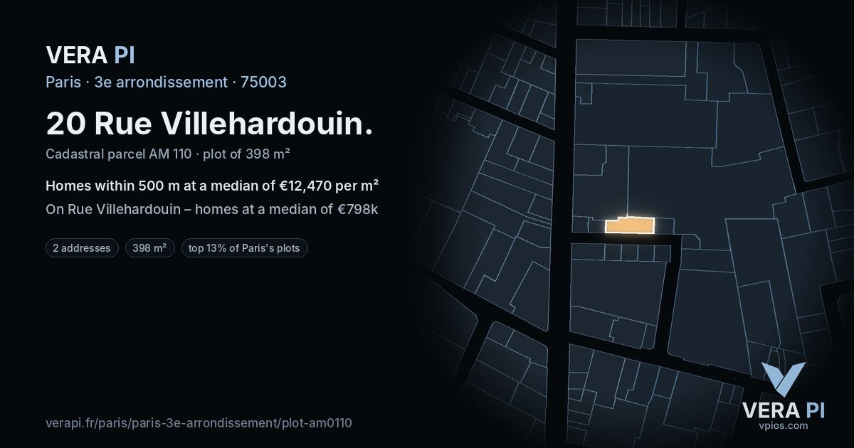20 Rue Villehardouin, 3e arrondissement at night – the plot lit, the parcels around coloured by the prices near them