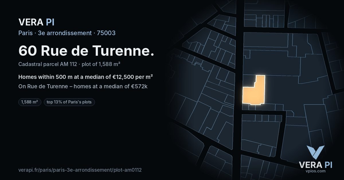 60 Rue de Turenne, 3e arrondissement at night – the plot lit, the parcels around coloured by the prices near them