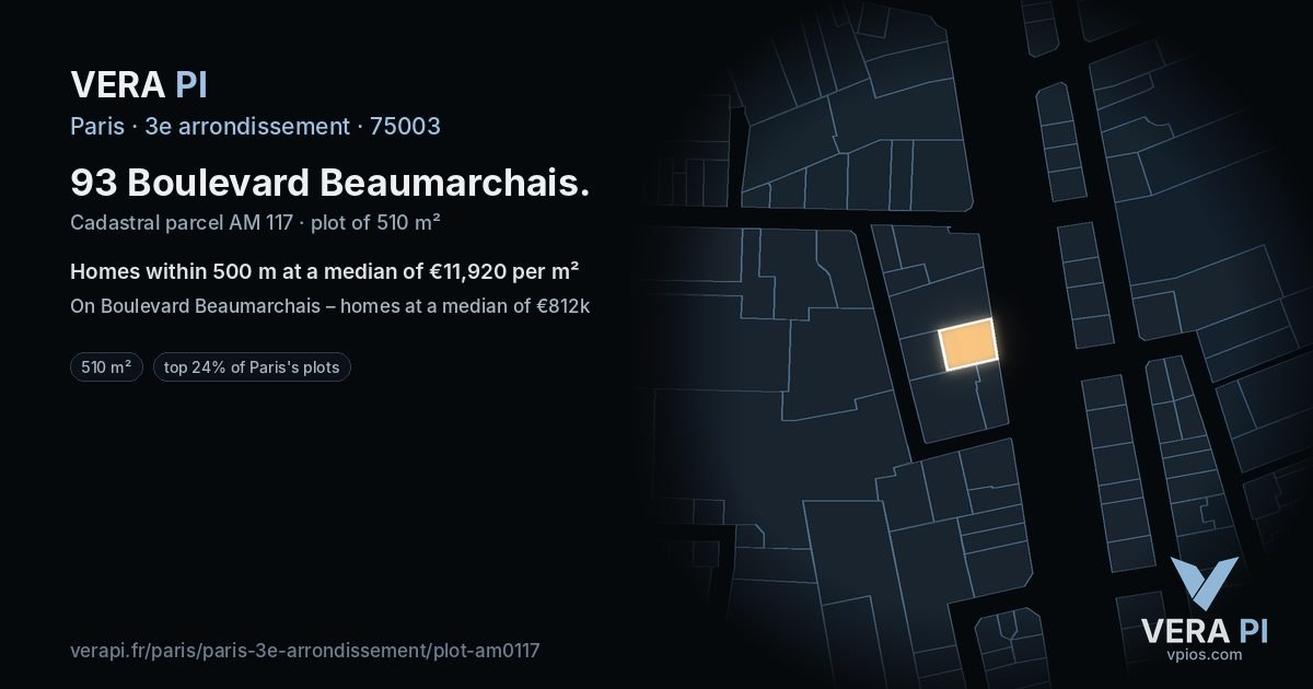 93 Boulevard Beaumarchais, 3e arrondissement at night – the plot lit, the parcels around coloured by the prices near them