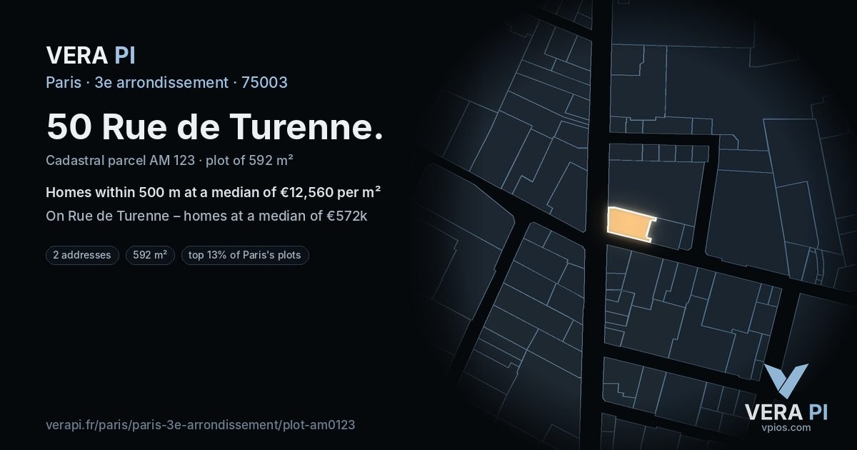 50 Rue de Turenne, 3e arrondissement at night – the plot lit, the parcels around coloured by the prices near them
