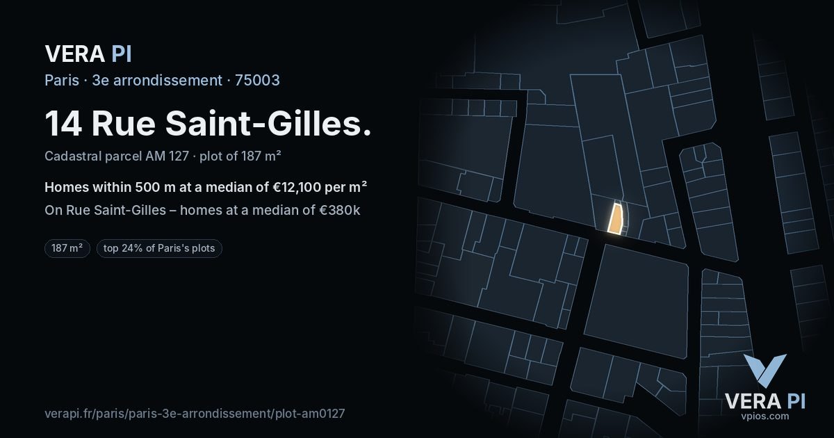14 Rue Saint-Gilles, 3e arrondissement at night – the plot lit, the parcels around coloured by the prices near them