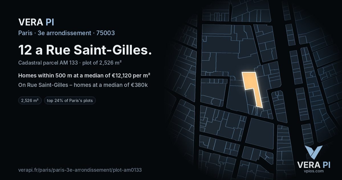 12 a Rue Saint-Gilles, 3e arrondissement at night – the plot lit, the parcels around coloured by the prices near them